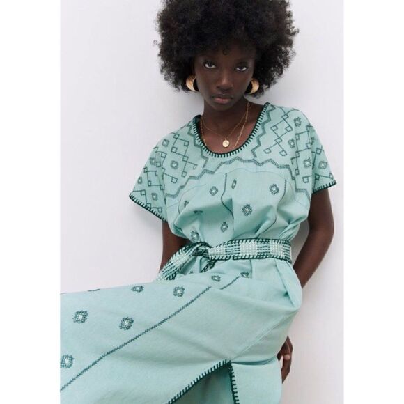 NWT Zara Blue Green Embroidered Belted Tunic Midi Dress, Size Small - Picture 4 of 14